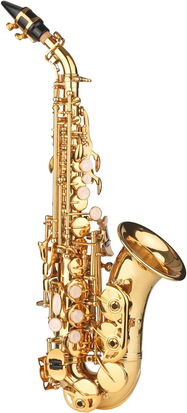 Saxophone, Bb Soprano Saxophone Gold Lacquer Brass Sax with Instrument Case Mouthpiece Neck Strap Cleaning Cloth Brush for Musicians Beginners