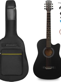SHINEDOWN 38 inch Acoustic Guitar in Full Size Black Beginner All Wood Cutaway Starter Set with Free Bag/Capo/A Pack of Extra Strings/Picks/Strap