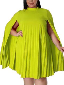 Women's Plus Size Stylish Casual Dress Elegant Cape Sleeve Loose Pleated Cocktail Party Knee Length Dress (Color : Green, Size : XXL)