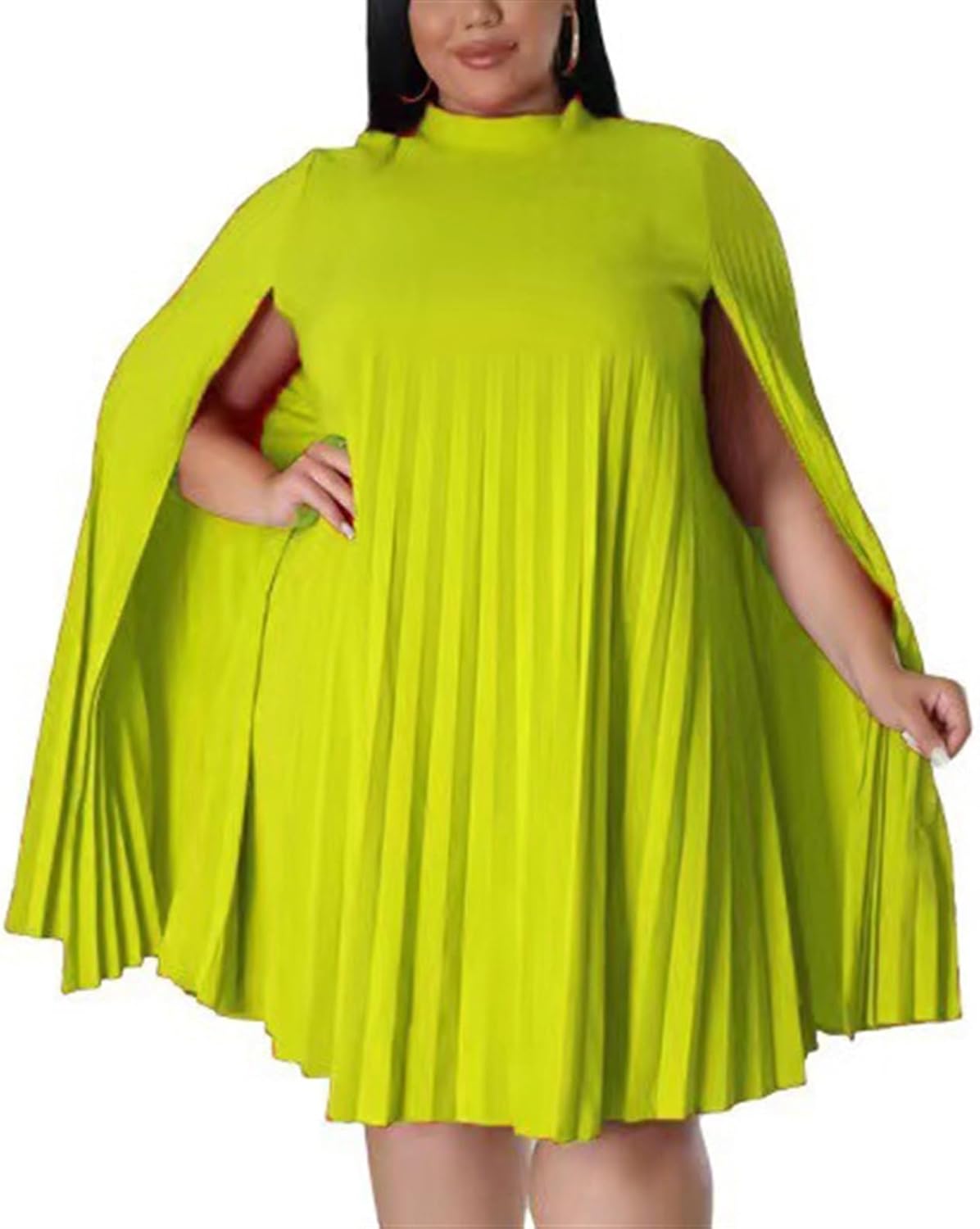 Women's Plus Size Stylish Casual Dress Elegant Cape Sleeve Loose Pleated Cocktail Party Knee Length Dress (Color : Green, Size : XXL)