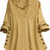 TINGZI Women Casual Loose Pocket Linen Plus Size Stripe Button Long Shirt Blouse Tops Button Down Loose Comfy Tunic