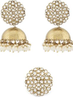 ZAVERI PEARLS Antique Gold Tone Traditional Kundan Jhumki Earring & Ring Set For Women-ZPFK13163
