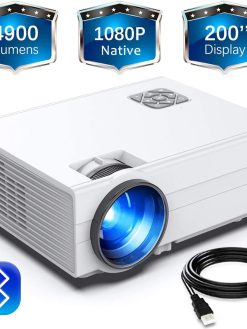 FunLites Bluetooth 1080P Projector,+80% Brightness Video Projector with 200" Display 60,000 Hrs Led Home Theater Projector,Native 1080P Compatible with Fire TV Stick,PS4, HDMI, VGA, AV and USB