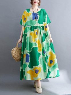 Fawoonu Vintage Women Cotton Linen Dress Print Spliced Striped O Neck Short Sleeve Pocket Loose Dress