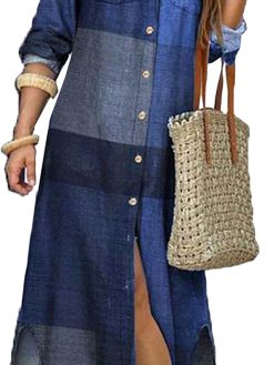 DIACACY Women's Casual Lapel Collar Floral Print Maxi Dresses Side Slit Long Sleeves Loose Fit Shirt Dress