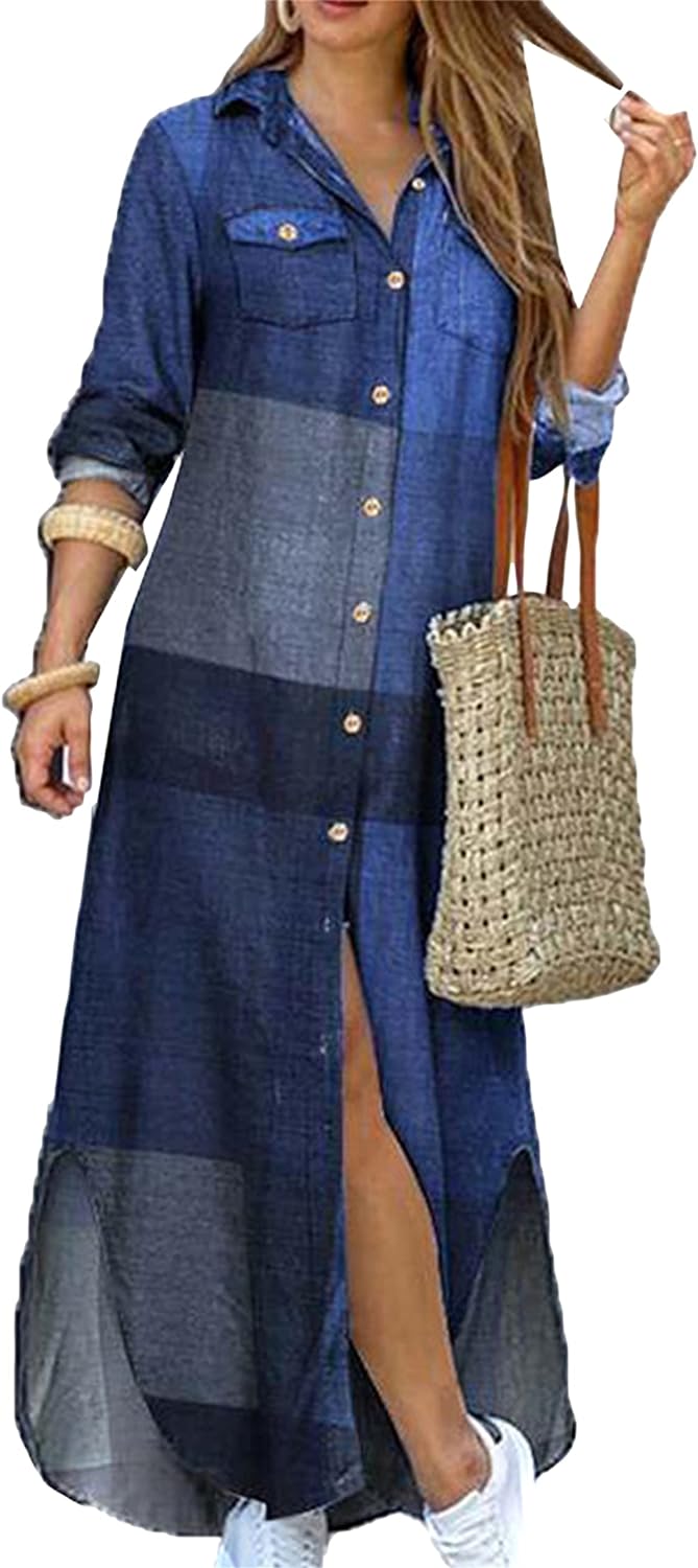 DIACACY Women's Casual Lapel Collar Floral Print Maxi Dresses Side Slit Long Sleeves Loose Fit Shirt Dress