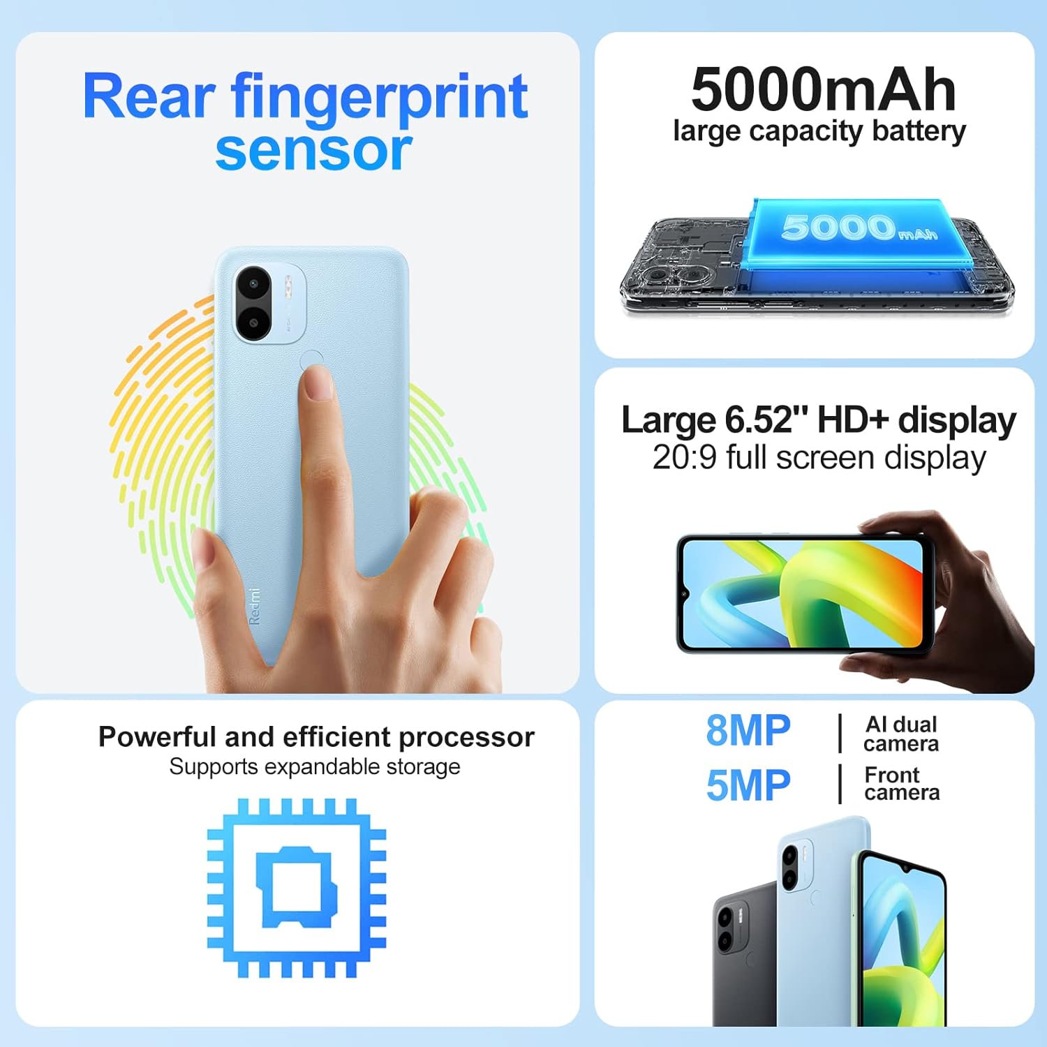 Xiaomi Redmi A1+ Black 2GB RAM, 32 Storage 8MP AI dual camera Rear fingerprint sensor Huge 5000mAh typ battery Powerful and efficient processor