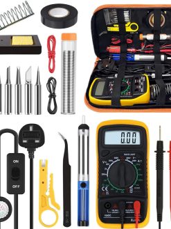 Tabiger Soldering Iron Kit, Soldering Kit with LCD Digital Multimeter, 60W Soldering Iron with 5 Extra Tips, Stand, Desoldering Pump, Solder, Wire Stripper Cutter, Tweezers, Tape, Tool Bag