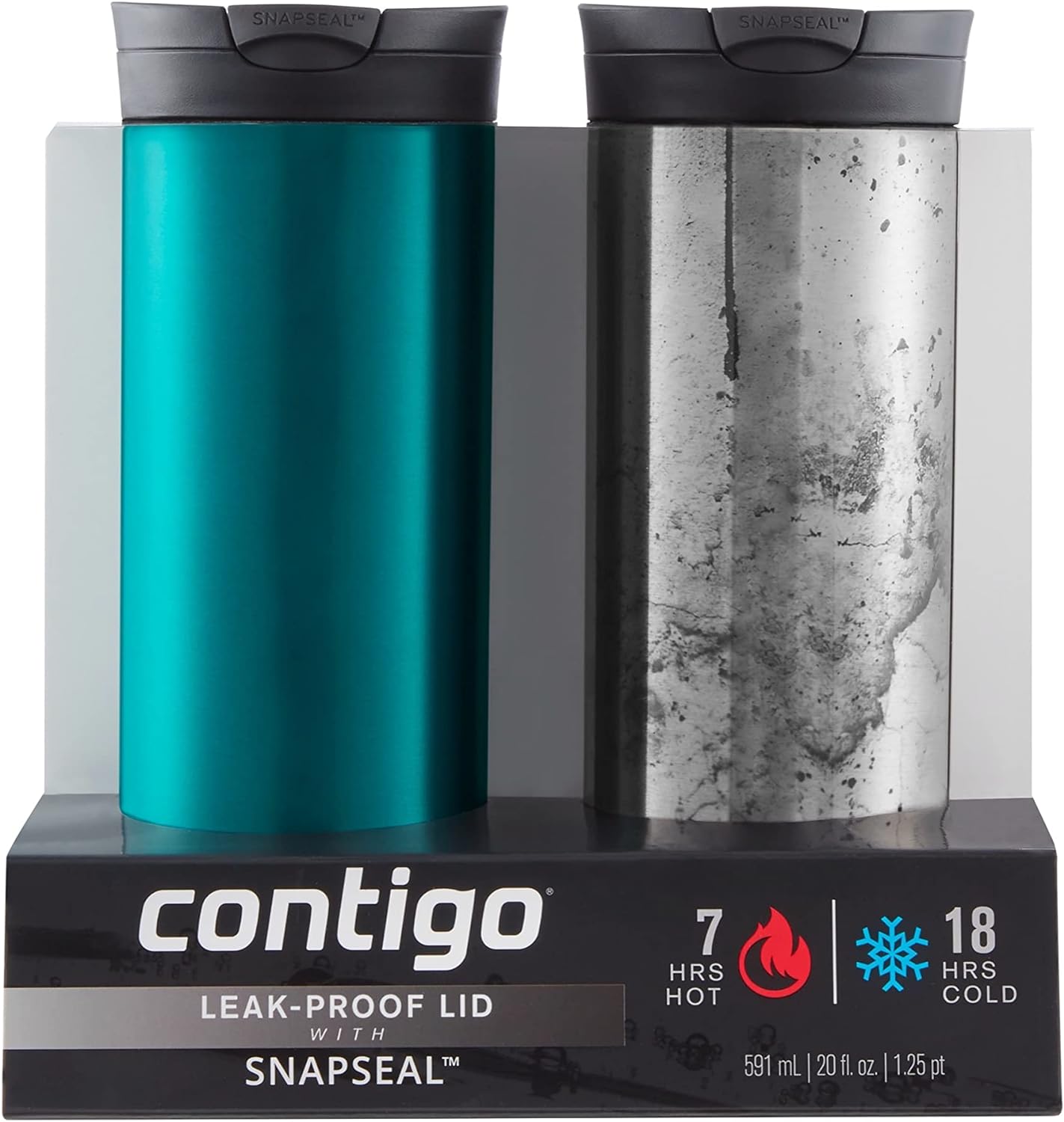 Contigo SnapSeal Insulated Stainless Steel Travel Mug 2-Pack, 20 oz, Spirulina & Polished Concrete