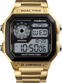 Redlemon Digital Sports Watch Unisex Metallic Against Water Display with Illumination Stopwatch Alarm and Date, Model 1335