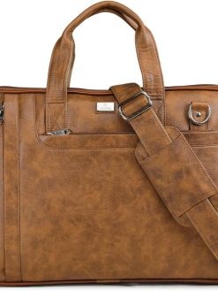 K London 15 Inches Slim Tan Vegan Leather Men Women Unisex Laptop MacBook Shoulder Messenger Office Bag (1808-tan)