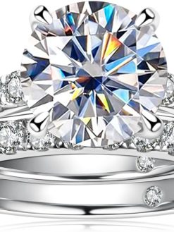 AnuClub （Total 4.14ct 3CT Center Moissanite Engagement Rings Wedding Band D Color VVS1 Round Cut 925 Sterling Silver Bridal Sets for Women