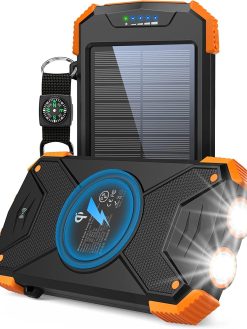 LEO WAY Solar Power Bank, Qi Wireless Portable Charger 10,000mAh, External Battery Pack with Type C Input/Output,Dual Super Bright Flashlight,Compass Carabiner, Solar Panel Charging for Phone(Orange)