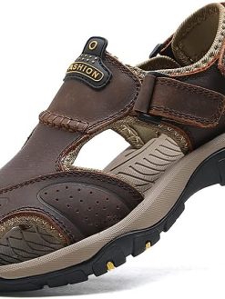Men's Hiking Driving Leather Sandals Casual Athletic Beach Shoes Closed Toe Breathable Lightweight Water Sandals Outdoor Walking Sandals
