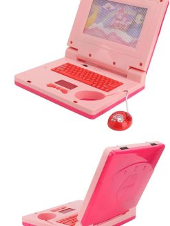 Xinwe Kids Learning Laptop, LED Learning Computer Educational Simulation Cartoon Music Cognitive Development for Boys Girls for Early Learning (Pink Non Retractable Mouse)