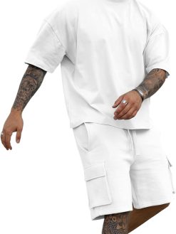 YawYews Men's 2 Piece Outfits Casual Tracksuit Cargo Shorts Summer Athletic Drop Shoulder Sleeve Sportwear Set