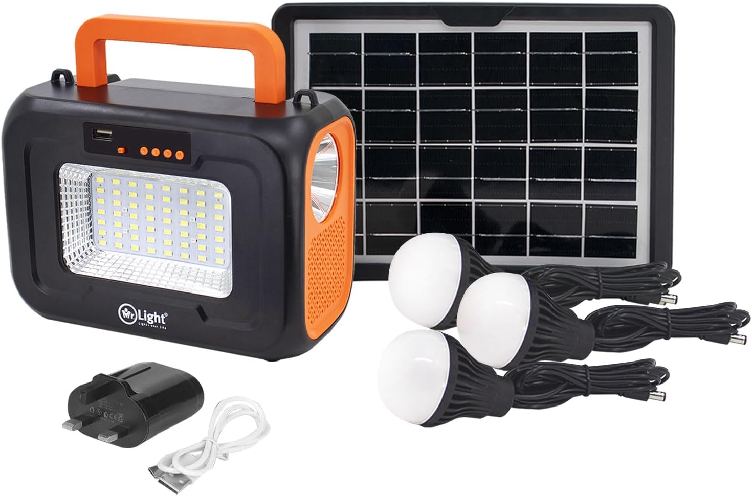 Mr. Light Power Station And Solar Panel, Generator For Backup Power, Outdoor Adventure, and Camping, 3 Led Bulbs, USB Charger Function, With Energy Saving Funtion - 2 Year Warrenty - MR.7070