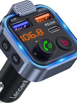 LENCENT Car FM Transmitter, Wireless Bluetooth 5.3 Radio Adapter Car Kit, PD3.0 Type C 20W+QC3.0 Car Fast Charger, Hands Free Calling, Bass Lossless Hi-Fi Sound Support U Disk