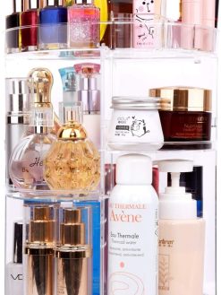 sanipoe 360 Degree Spinning Makeup Organizer, sanipoe Adjustable Carousel Round Rotating Storage Stand Rack, Large Capacity Ondisplay Shelf Cosmetics Best for Countertop and Bathroom, Clear