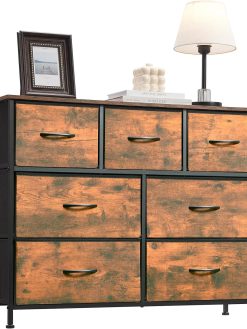 SKY-TOUCH Storage Cabinet : Bedroom Dresser with 7 Drawers Wide Storage Chest with Removable Fabric Bins Storage Organizer Unit for Living Room Entryway Hallway Nursery Kids Room (100*30*74CM Brown)