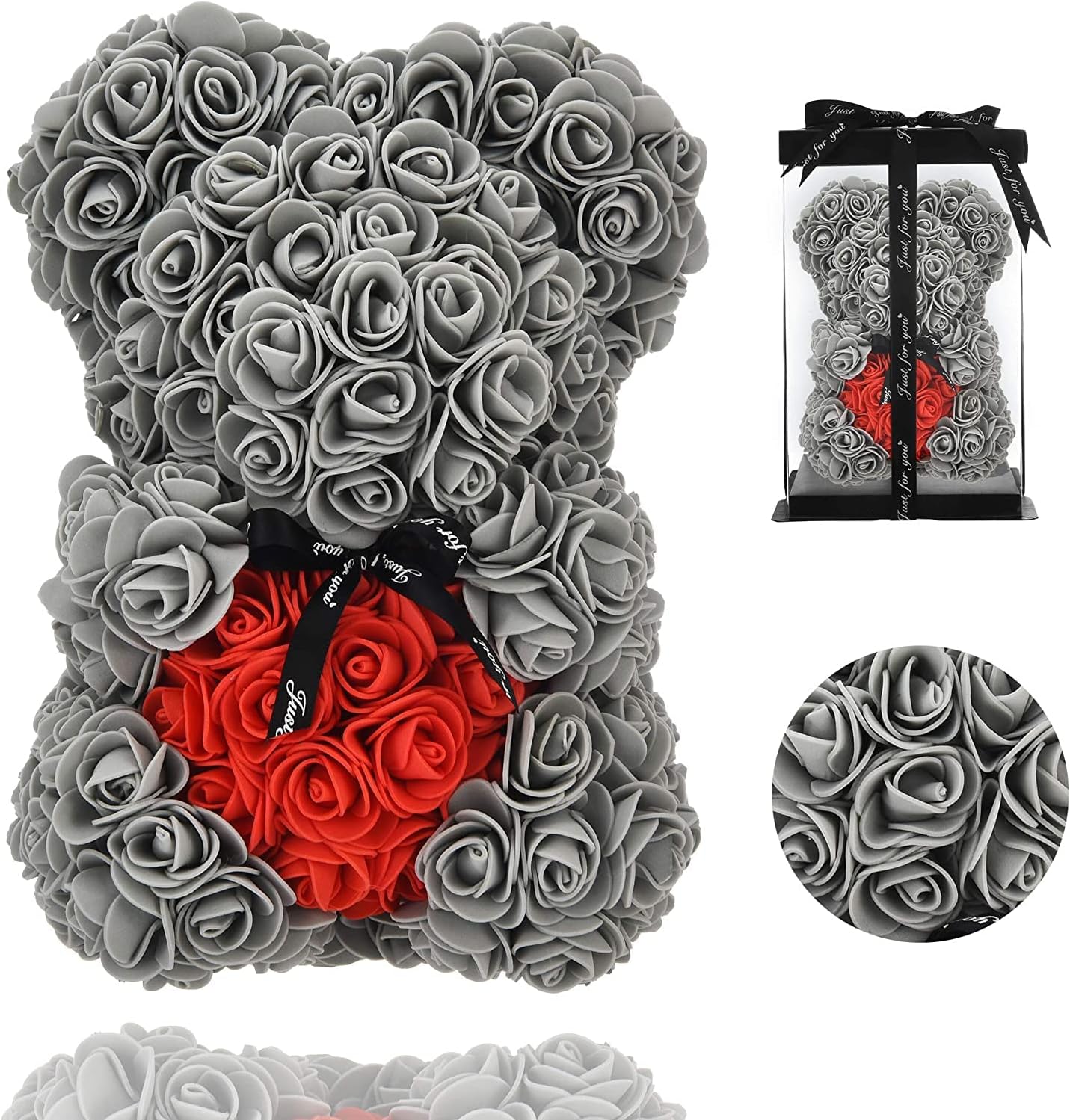 10 Inches Tall Rose Flower Bear - Over 250+ Flowers on Every Rose Bear - Gift for Mothers Day, Valentines Day, Anniversary & Bridal Showers - Gift Box Included (Grey)