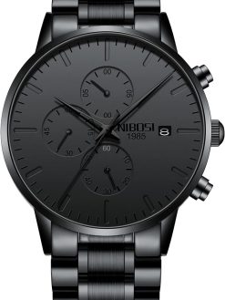 NIBOSI Men's Watches Analog Minimalist Black Dial Watches for Men Business Chronograph Military Casual Wrist Watches Stainless Steel Strap Date
