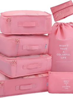 9Pcs SET Travel Luggage Organizer,Packing Cubes Set Compression Storage Bag Waterproof Traveling Accessories (Pink)