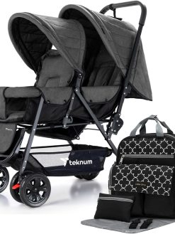 Teknum Double Twin Baby Stroller Pram|Travel Diaper Bag with Stroller Hooks,Changing Mat,Dry Wet Pouch|Wide Seat and Canopy|Big Basket|5-Point Seat Belt|Cushioned Seat|Kids,6-36Months|Grey