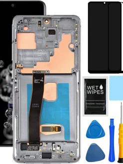 AMOLED For Samsung Galaxy S20 Ultra 5G Screen Replacement for Samsung S20 Ultra LCD Display Digitizer G988u G988a G988w Touch Screen Assembly 6.8 inch (Silver With Frame)
