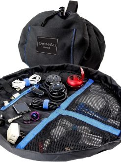 Lay-n-Go Wired Essentials Travel Drawstring Cable Management Storage Organizer & Tech Bag for Electronics, Chargers, Headphones, Accessories, Durable Patented Design, 19 inch, Black With Blue Trim