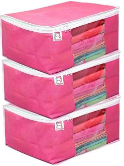 atorakushon® Fabric 9 Piece Saree Cover Clothes Storage Bags Garments Wardrobe Organiser (Pink)