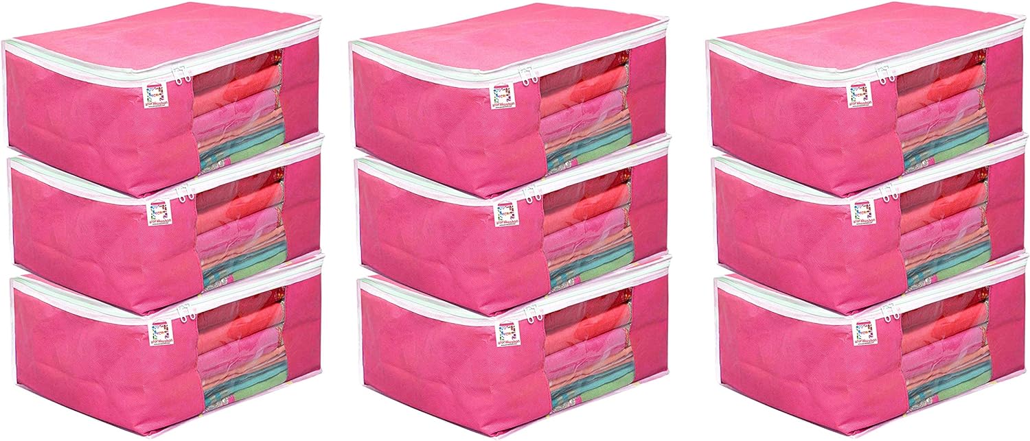 atorakushon® Fabric 9 Piece Saree Cover Clothes Storage Bags Garments Wardrobe Organiser (Pink)