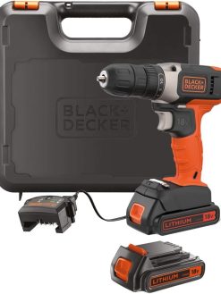 BLACK+DECKER 18V 1.5Ah Li-Ion Cordless Electric Compact Drill Driver with 2 Batteries in Kitbox for Wood Drilling & Screwdriving/Fastening, Orange/Black - BCD001C2K-GB,