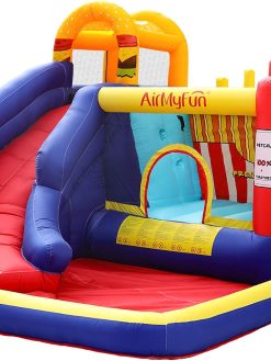 AirMyFun Food Bouncy Castle, Bounce House with Hamburger Ketchup Shape, Jump & Slide Area with Safety Net, Giant Castle with Ball Pit & Air Blower