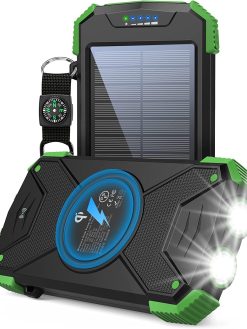 LEO WAY Solar Power Bank, Qi Wireless Portable Charger 10,000mAh, External Battery Pack with Type C Input/Output, Solar Panel with Dual LED Flashlight Compass Carabiner for Camping Adventure(Green)