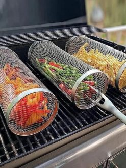 Barbecue Grill Grate Barbecue Cages Camping Picnic Cookware Outdoor Round BBQ Campfire Grill Grid Rolling Grill Basket