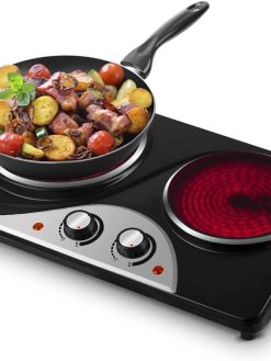 CUSIMAX Electric Hot Plate 900W+1200W Double Infrared Cooking Plate for Cooking, Portable Electric Hob with Temperature Control & Crystallite Glass Plates, Easy to Clean, Black