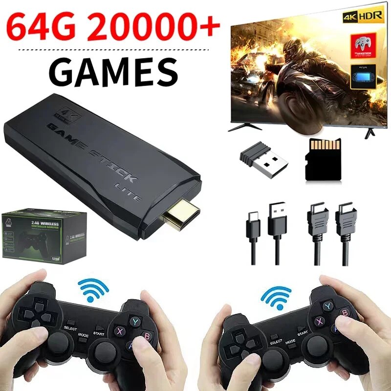 64GB M8 Retro Video Game Stick Lite 4K Video Game Console 2.4G Double Wireless Controller For 20000 Retro Games Kid Gifts