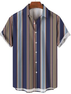 Men's Hawaiian shirt Summer stripe printed short sleeved shirts Lapel button large men street clothing Fashion casual social top