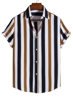 Men's Hawaiian shirt Summer stripe printed short sleeved shirts Lapel button large men street clothing Fashion casual social top