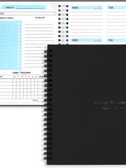 Weekly Planner No Date, A5 English Spiral Notebook, Work Planner, Weekly Notes, Waterproof PVC Cover (Black)