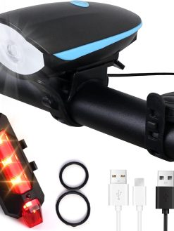 SKY-TOUCH Bike Light Set USB Rechargeable Bycicle LED Accessories Night Cycling Headlight Tail Rear Reflectors for Mountain Bike 4 Lighting Modes, Easy to Install (Blue)