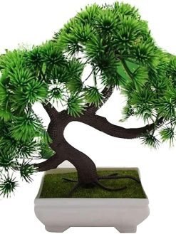 Artificial Plants, Artificial Bonsai Tree Fake Plant Potted Desktop Display Garden Decor Pine Tree Green