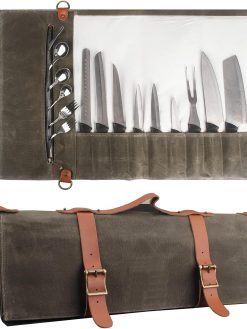 UISKOOPW Chef Knife Roll Bag (10 Pockets), Chef Knife Case, Waxed Canvas Knife Carrying Case Storage with Shoulder Strap & Handle, Zipper Pouch for Culinary Tools (Knives Not Included)