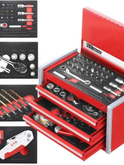 P.I.T. Portable 3 Drawer Steel Tool Box with 61-Pieces Mechanics Tool Set,Magnetic Locking, Red Hand Carry Tool Cases for Hand Tools Repair Tool Kit