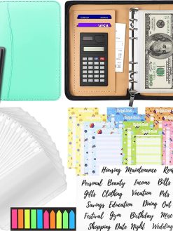 FLAFARY Budget Binder with Calculator, Cash Envelopes for Budgeting, Leather Budget Planner with Cash Zipper Envelopes, Bill Money Organizer for Cash Saving Budget System Wallet(Green)