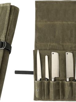 Chef Knife Roll Bag, 9 Pockets Canvas Knife Case, Knife Bag, Knife Wrap Wallet, Cutlery Knife Pouch Holders Protectors for Chef Knives Kitchen Utensils, Tool Roll (Army Green)