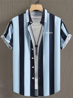 Hawaiian Beach Shirts Summer Men Shirt 3D Print Vintage Stripe Shirt Men Fashion Streetwear Short Sleeve Blouse Vocation Clothes
