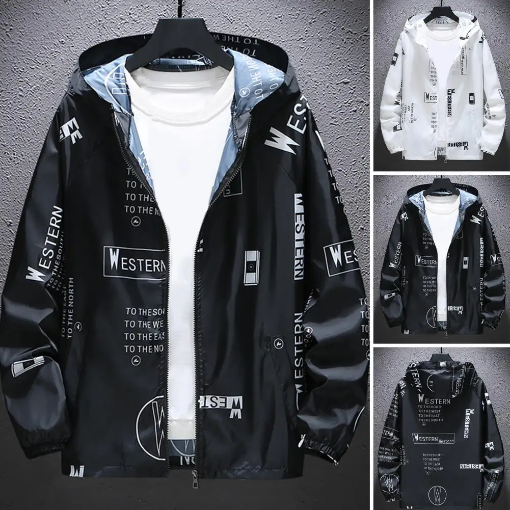 Men Jacket Hooded Zipper Closure Anti-UV Casual Jacket Breathable Windproof Elastic Cuff Jacket Coat For Daily Life