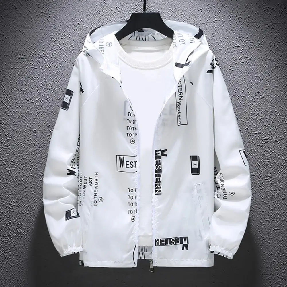 Men Jacket Hooded Zipper Closure Anti-UV Casual Jacket Breathable Windproof Elastic Cuff Jacket Coat For Daily Life